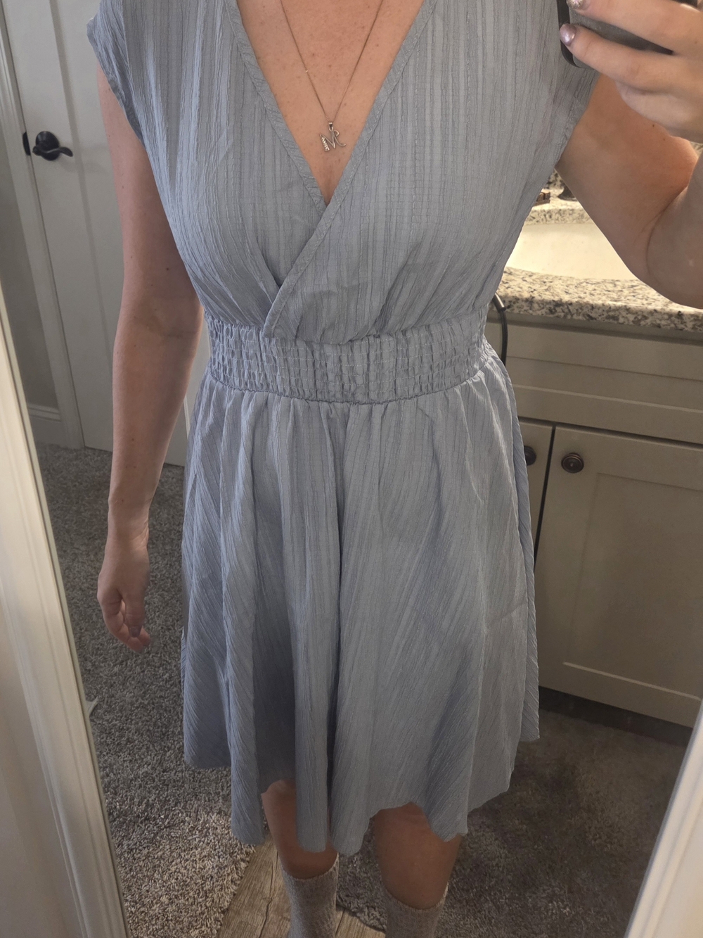 Light Blue V-Neck Smocked Waist Women's Dress